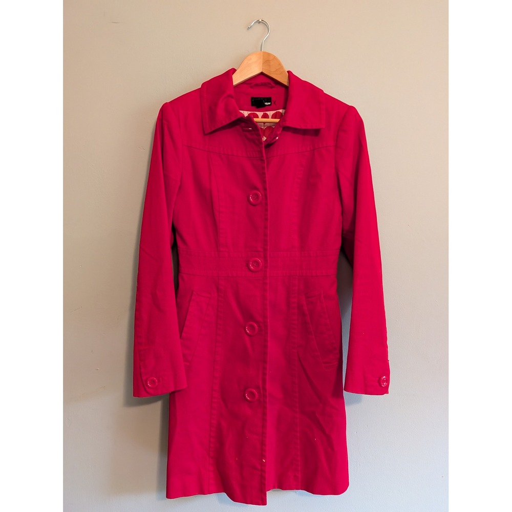 H&M Womens Red Trench Coat Polka Dot Lining Cotton Blend Size 6 Jacket
